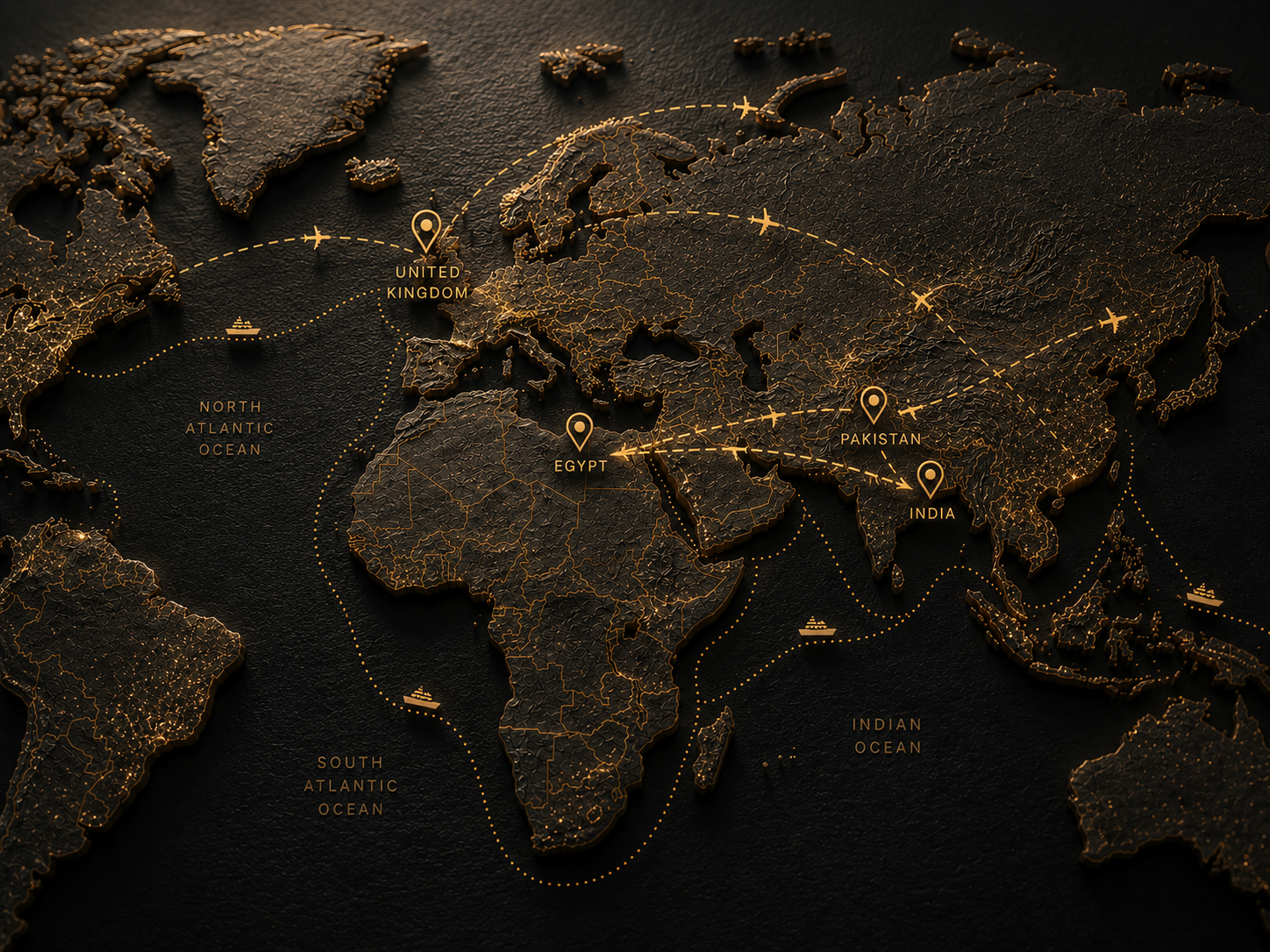 World map showing trade routes between United Kingdom, Egypt, Pakistan and India